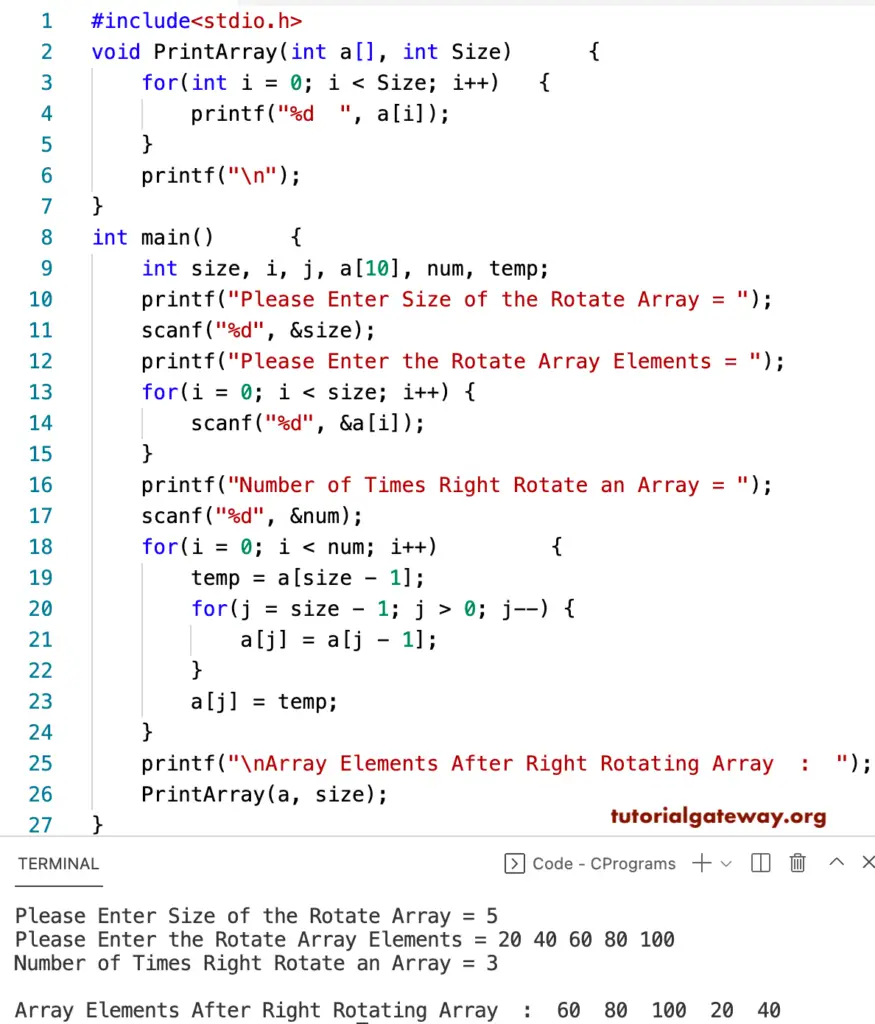 C Program to Right Rotate Array Elements