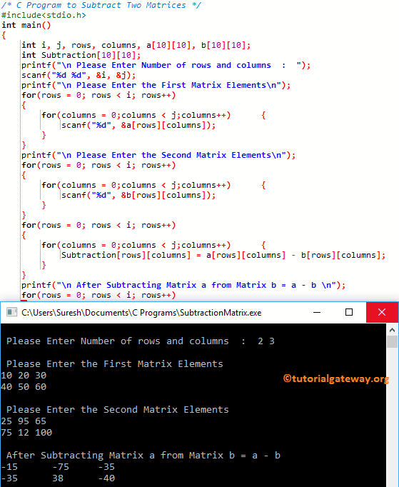 C Program To Subtract Two Matrices
