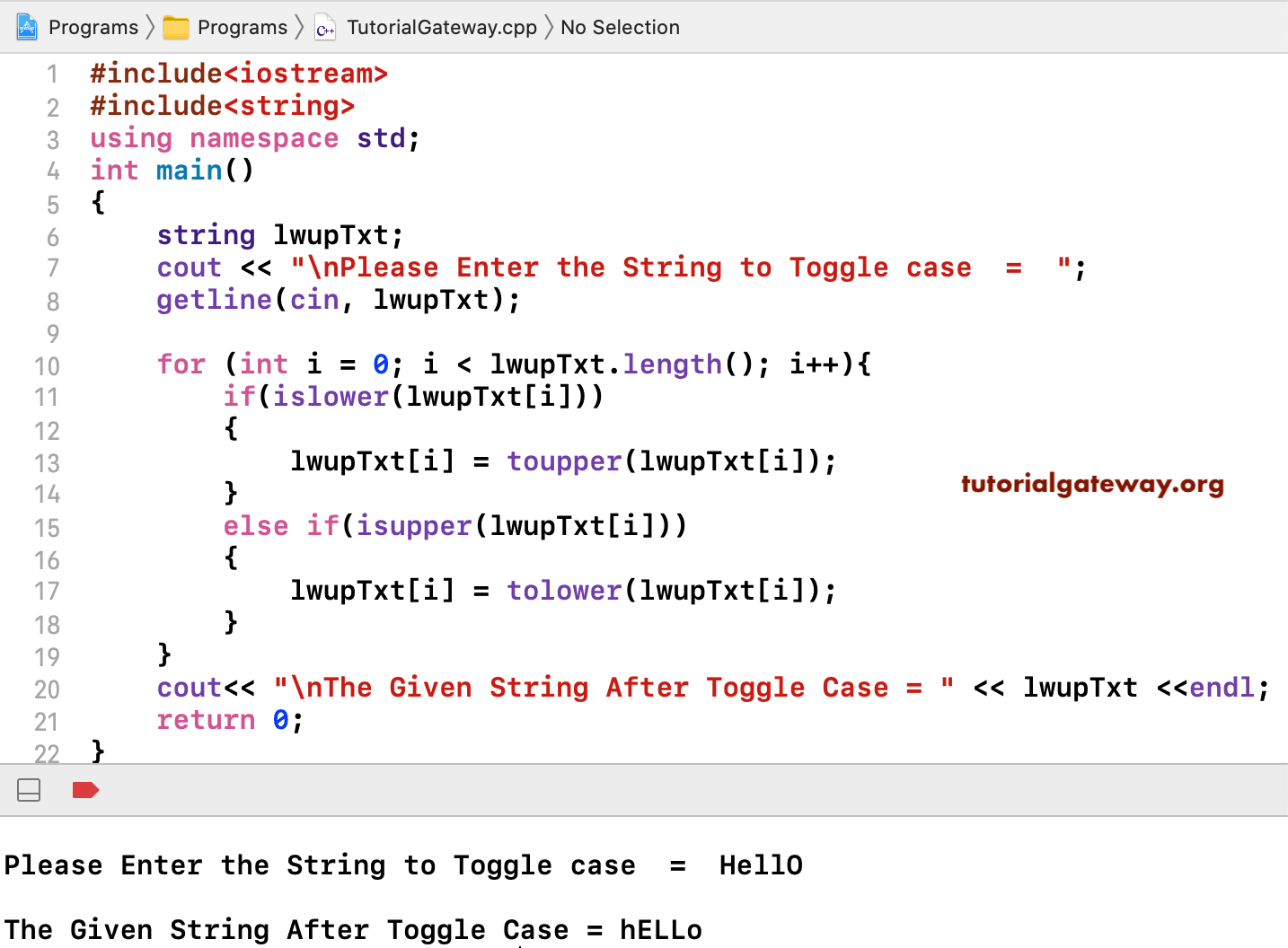 C++ Program to Toggle Character Cases in a String 1