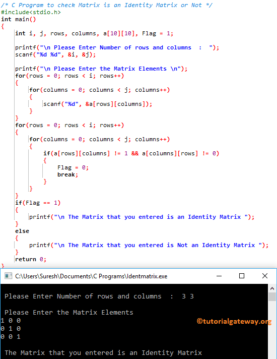 C Program to check Matrix is an Identity Matrix or Not 1