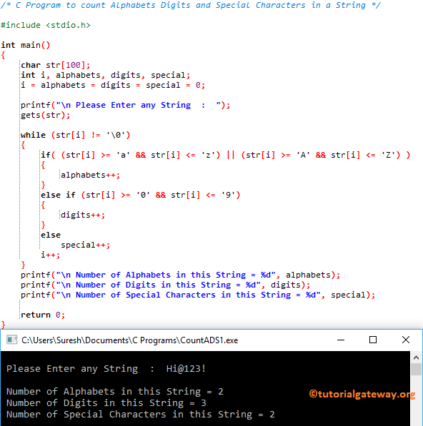 C Program to count Alphabets Digits and Special Characters in a String 1