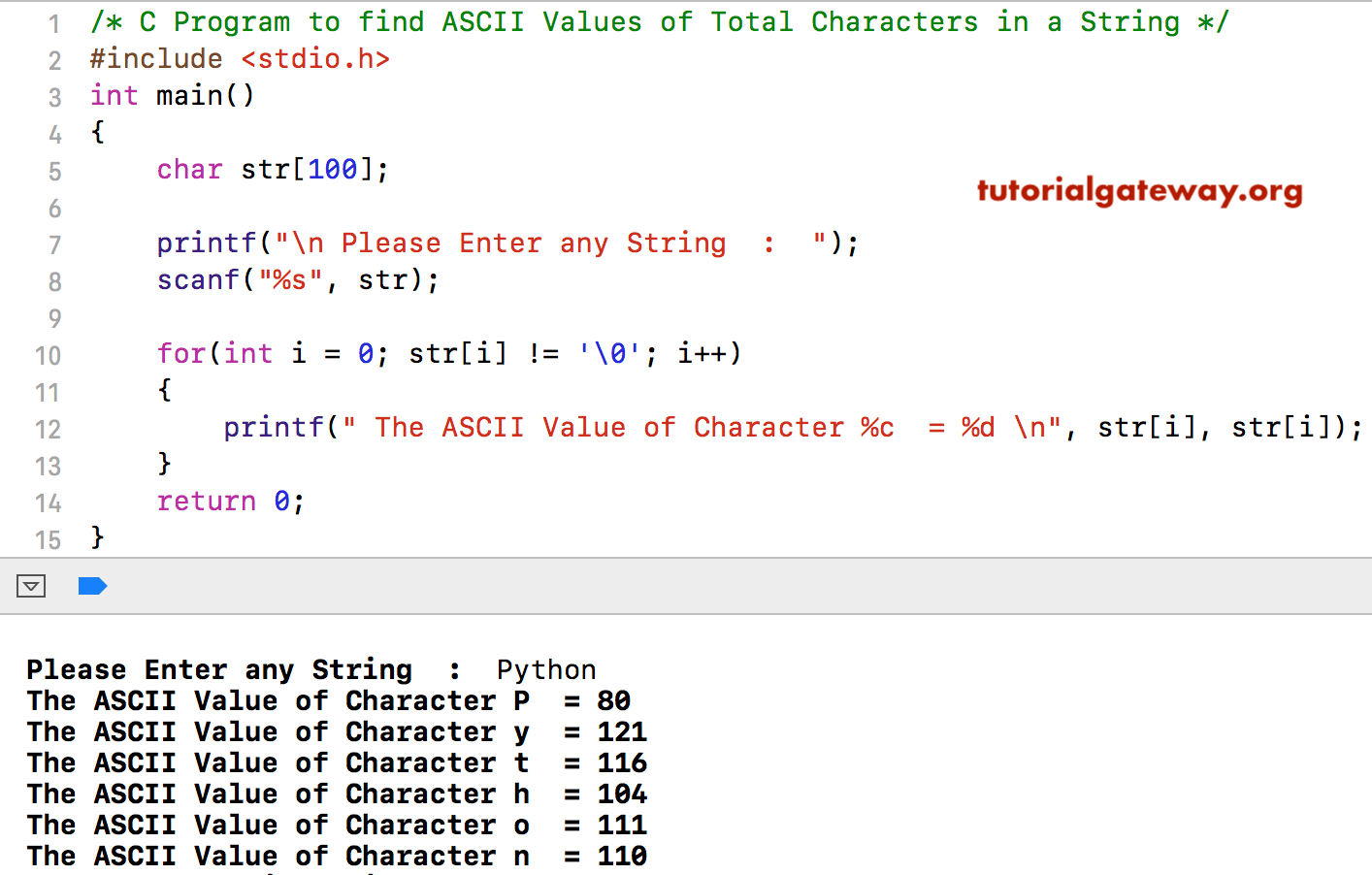 C Program to find ASCII Value of Total Characters in a String