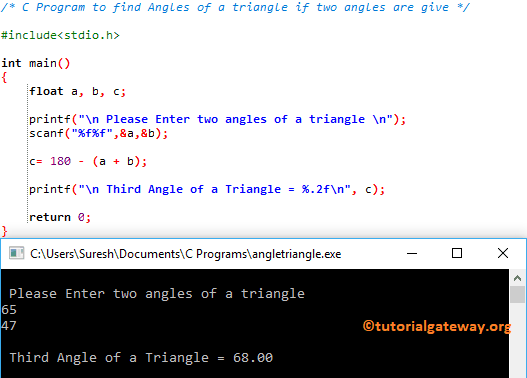 C Program to find Angles of a triangle if two angles are given