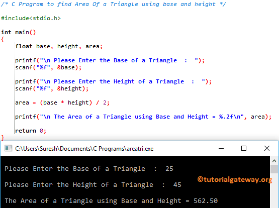 C Program to find Area Of a Triangle using base and height