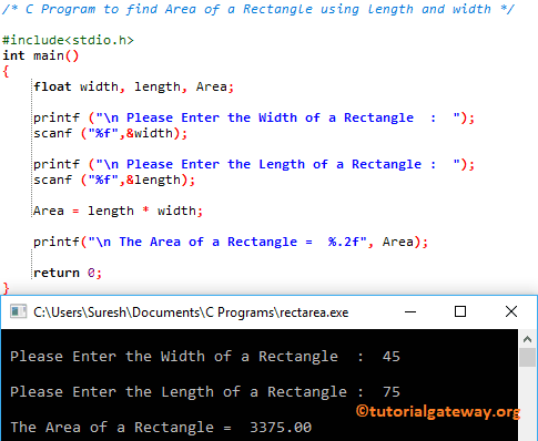 C Program to find Area of a Rectangle using length and width