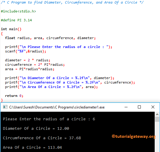 C Program to find Diameter, Circumference, and Area Of a Circle 1