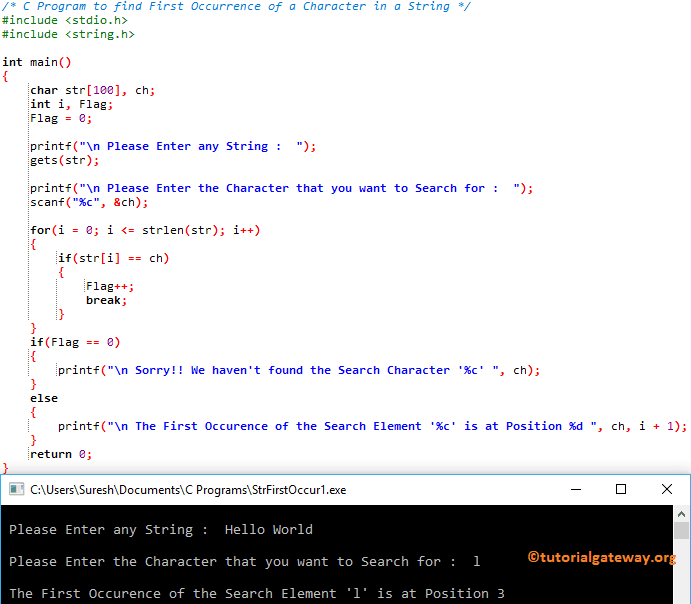 C Program to find First Occurrence of a Character in a String 1