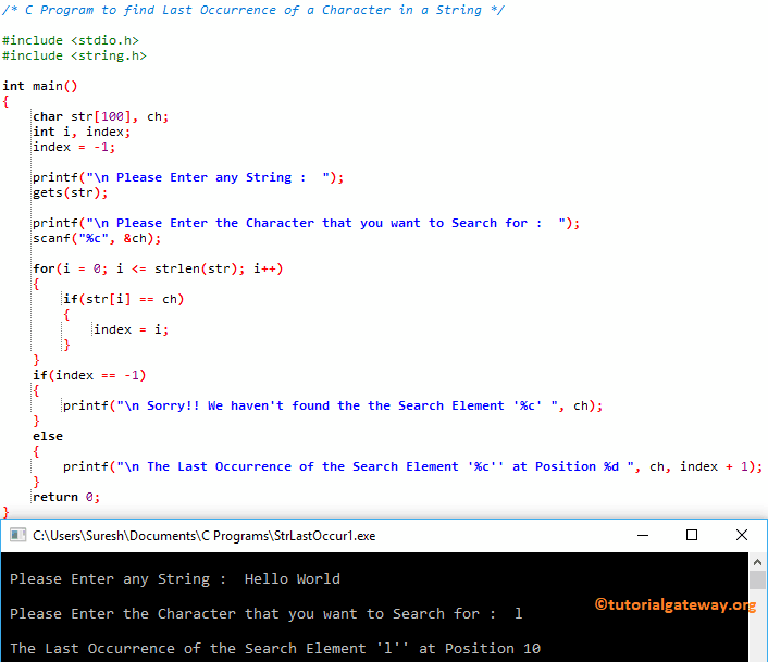 C Program to find Last Occurrence of a Character in a String 1