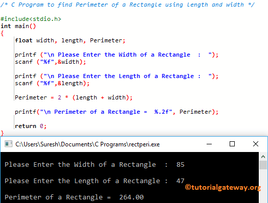 C Program to find Perimeter of a Rectangle using length and width
