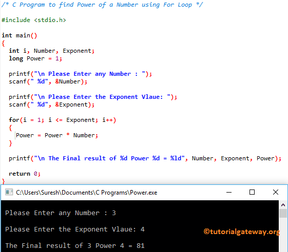 C Program to find Power of a Number using For Loop
