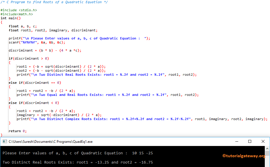 C Program to find Roots of a Quadratic Equation 1