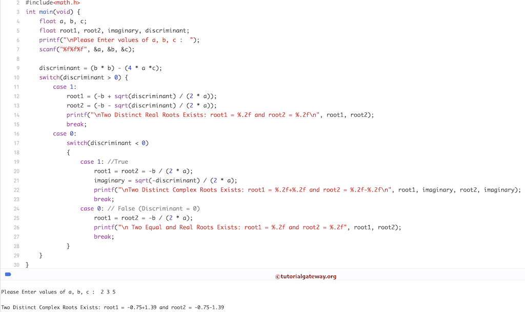 C Program to find Roots of a Quadratic Equation