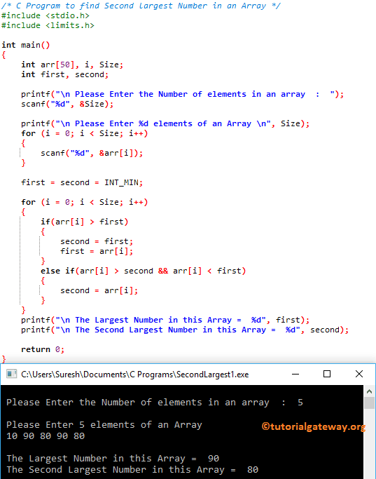 C Program to find Second largest Number in an Array 1