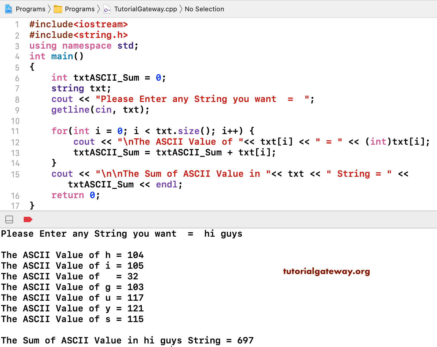 C++ Program to find Sum of ASCII values in a String