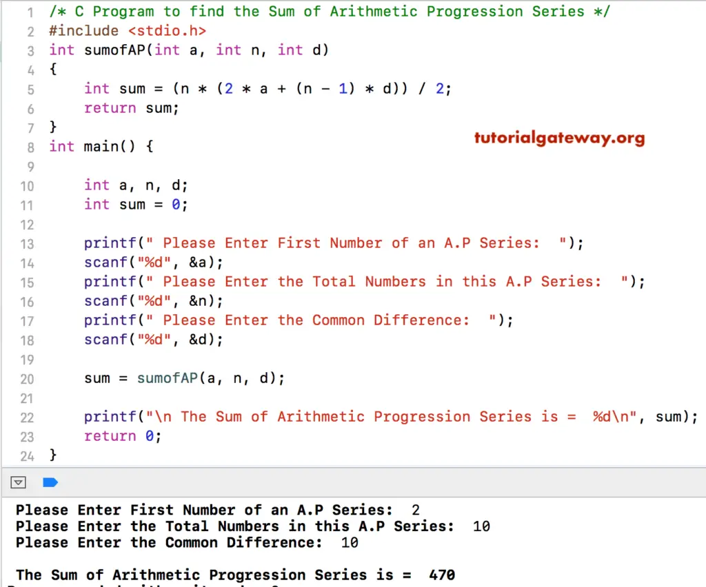 C Program to find Sum of Arithmetic Progression Series 4