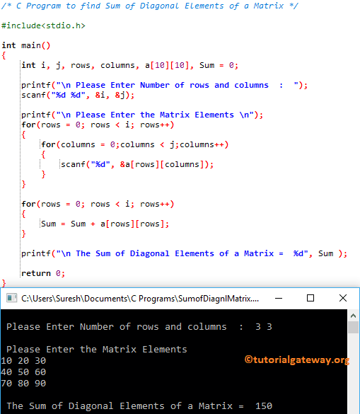 C Program to find Sum of Diagonal Elements of a Matrix 1