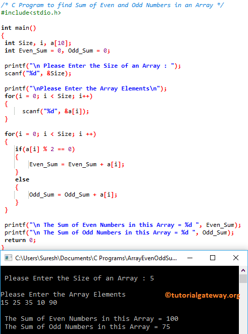 C Program to find Sum of Even and Odd Numbers in an Array 1