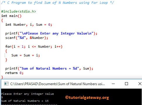 C Program to find Sum of N Numbers using For Loop