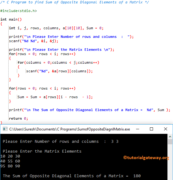 C Program to find Sum of Opposite Diagonal Elements of a Matrix 2