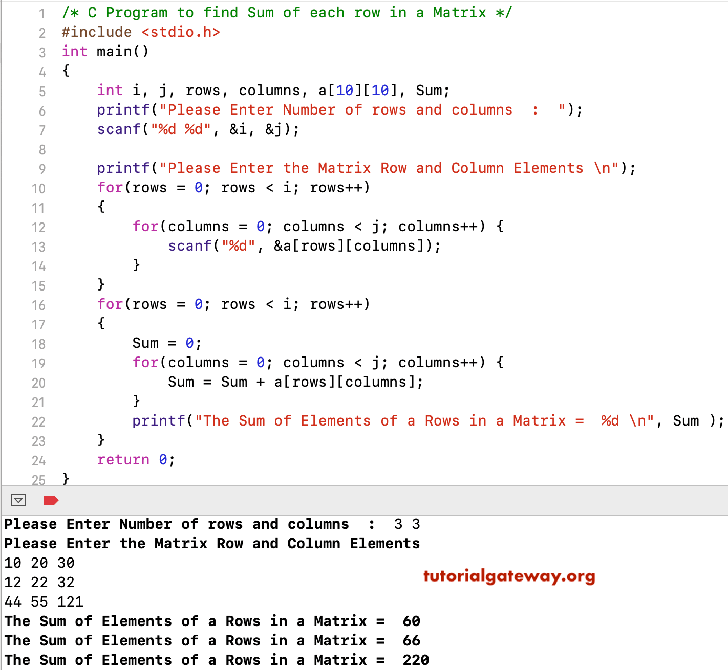 C Program to find Sum of each row in a Matrix 1