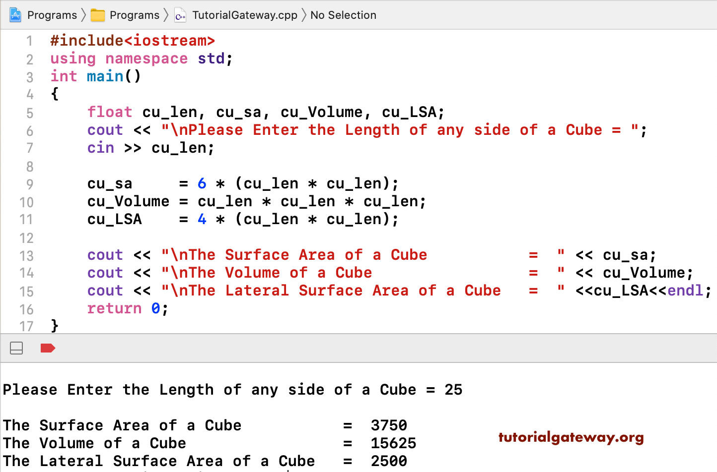 C++ Program to find Volume and Surface Area of a Cube 1