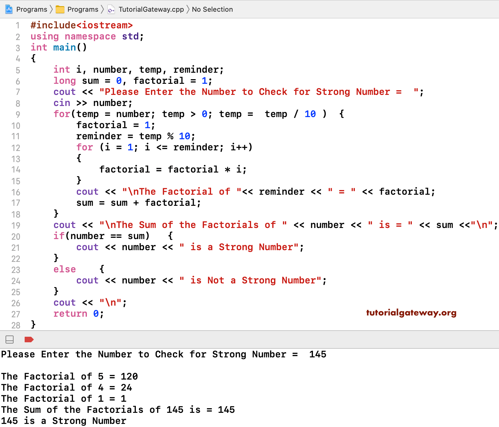 C++ Program to find the Strong Number 1