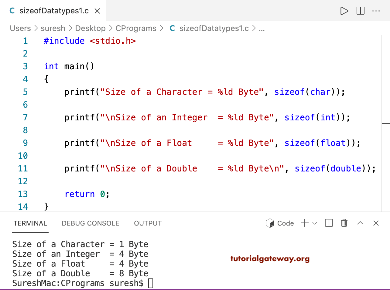 C Program to find the size of int float double and char