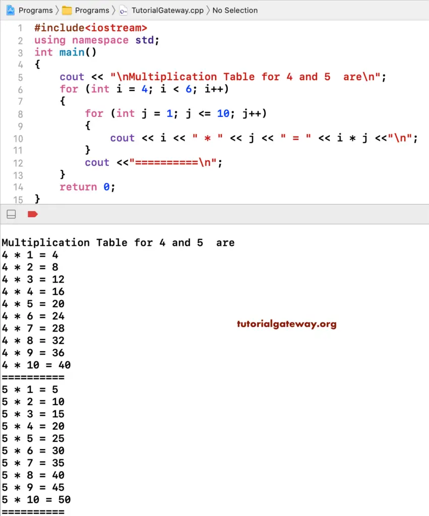 C++ Program to print Multiplication Table 1