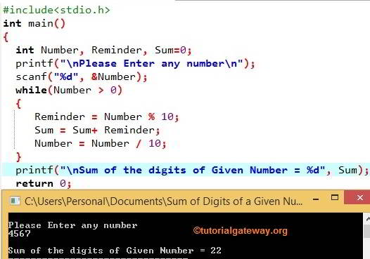 Sum of the Digits of a Given Number using While Loop