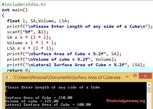 C Program to find Volume and Surface Area of a Cube