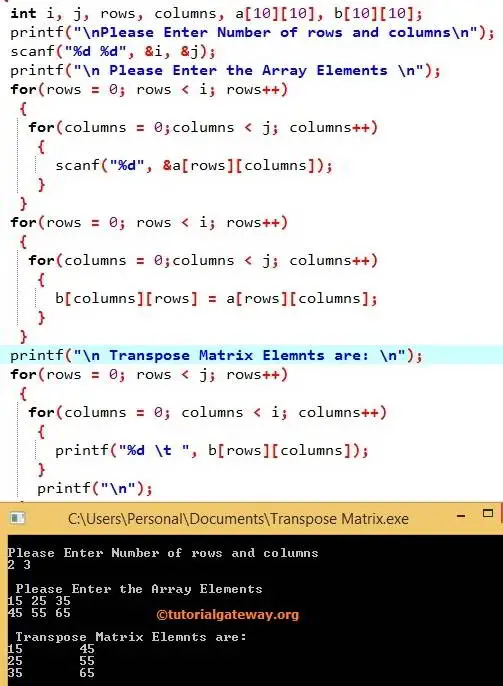 Transpose of a Matrix in C Programming