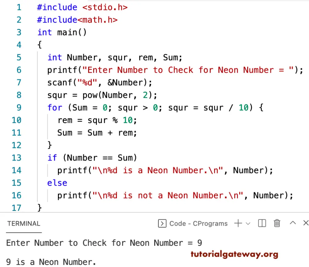 C program to Check a Number is a Neon Number
