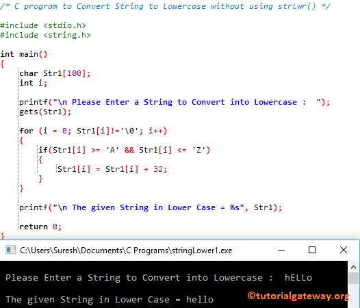 C program to Convert String to Lowercase without using strlwr 1