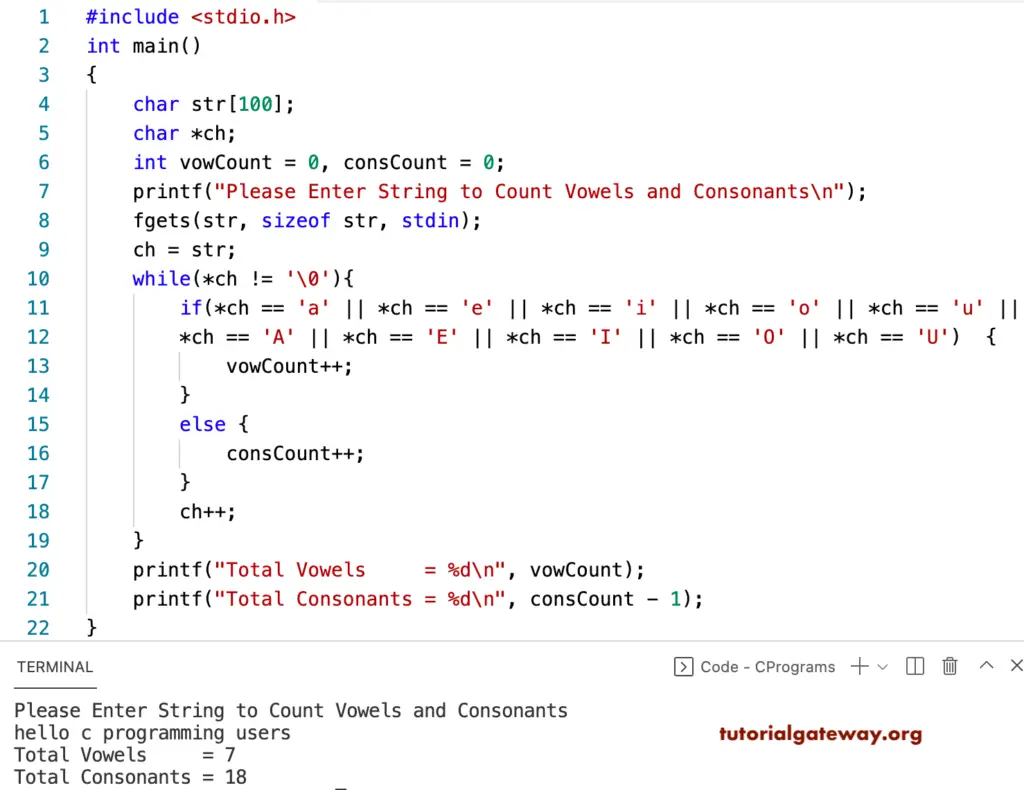 C program to Count Vowels and Consonants in a String using a Pointer