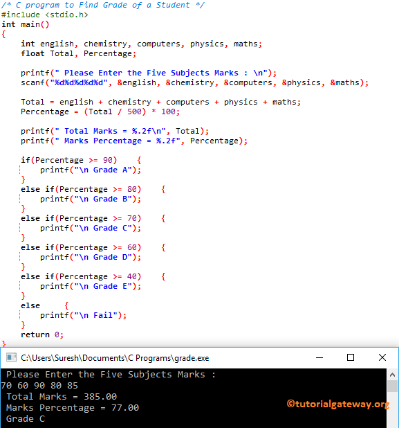 C program to Find Grade of a Student 1