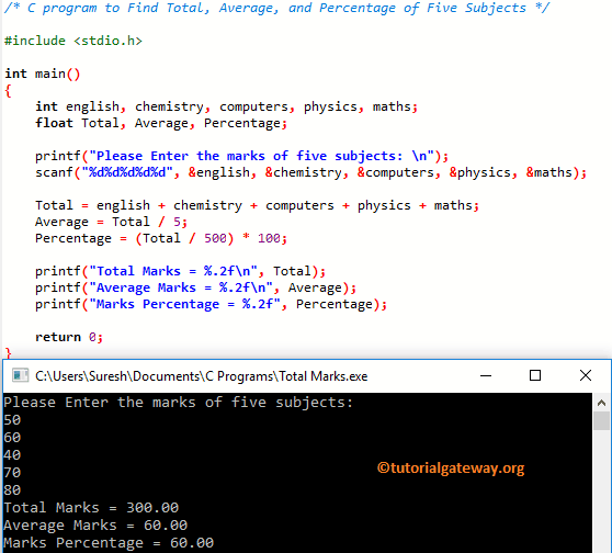 C program to Find Total, Average, and Percentage of Five Subjects 1