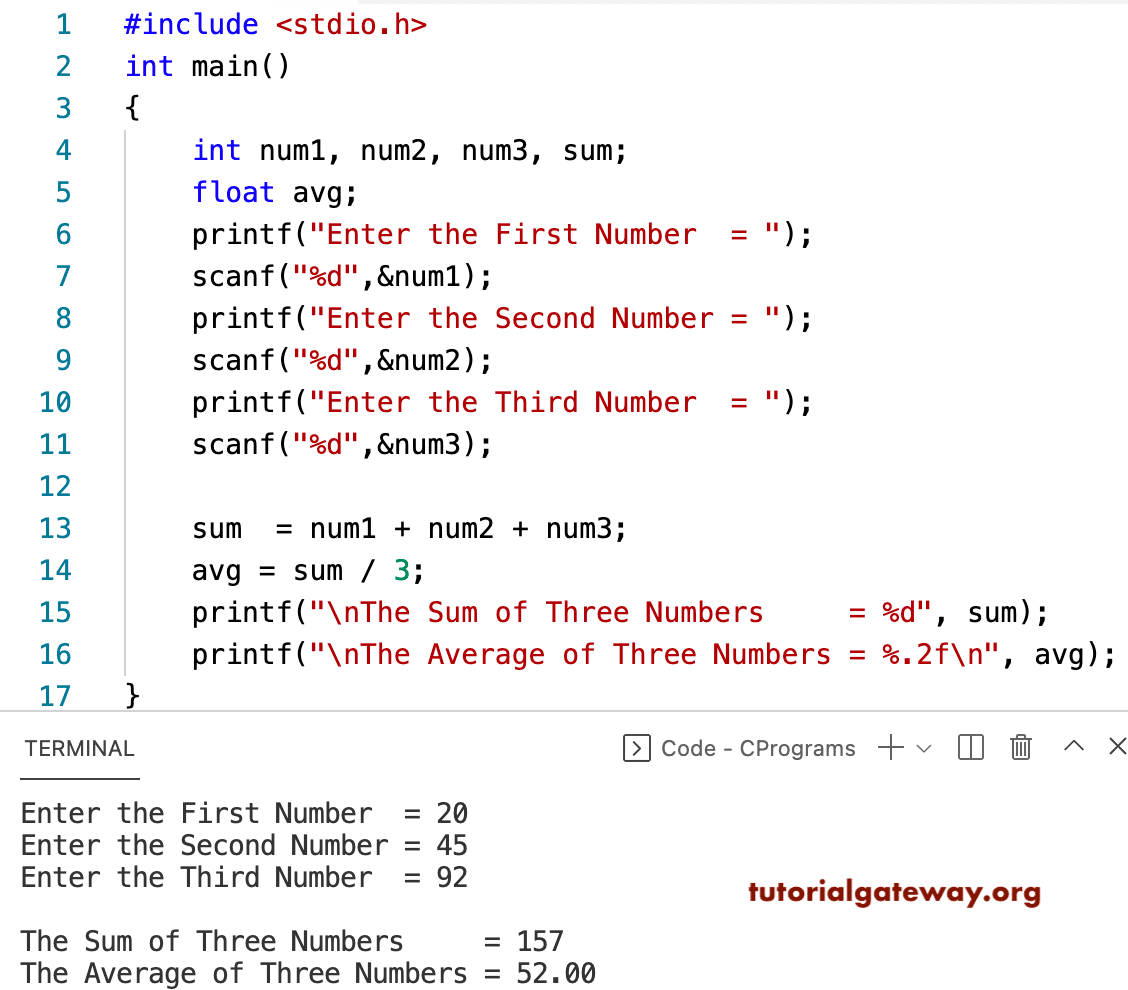 C program to Find the Sum and Average of Three Numbers