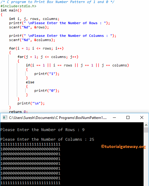 C program to Print Box Number Pattern of 1 and 0 1