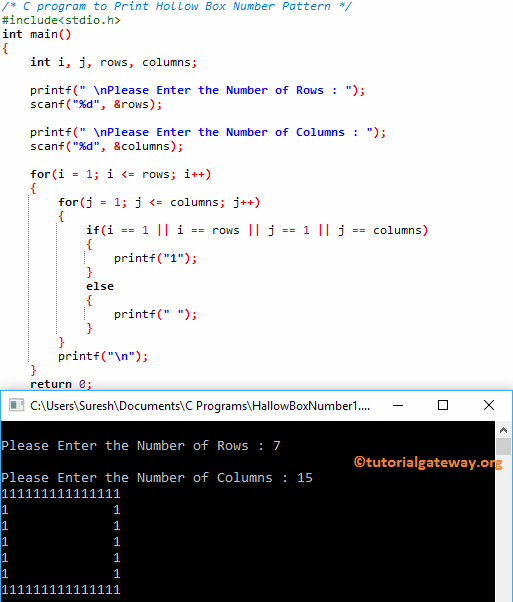 C program to Print Hollow Box Number Pattern 1