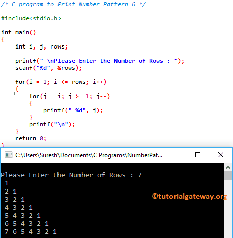 C program to Print Number Pattern 6 1