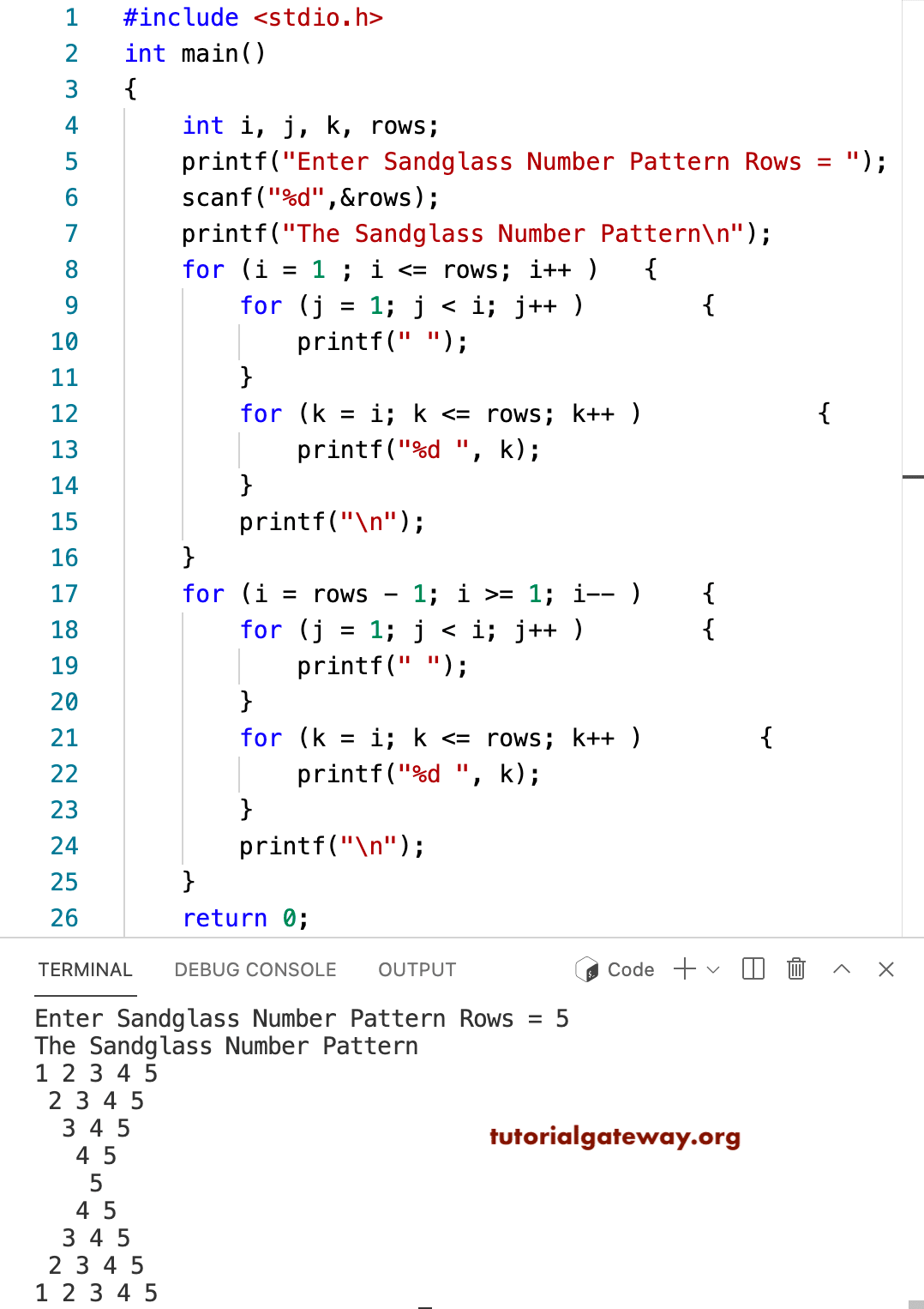 C program to Print Sandglass Number Pattern