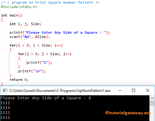 C program to Print Square Number Pattern 1