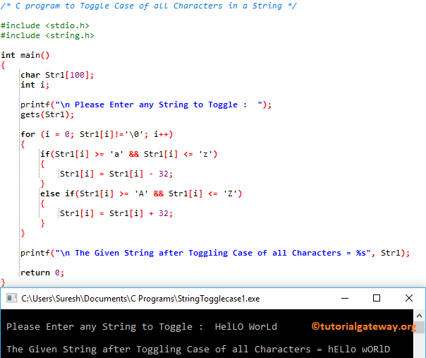 C program to Toggle Case of all Characters in a String 1