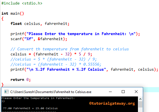 C program to convert Fahrenheit to Celsius 1