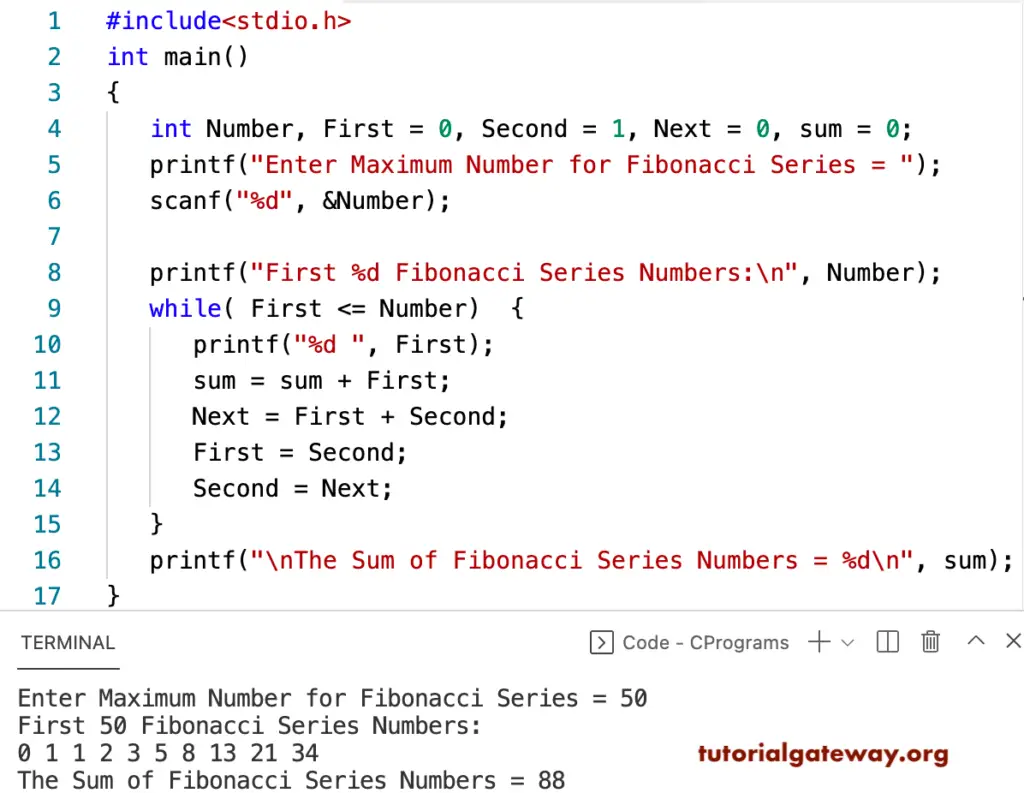 C program to find the Sum of Fibonacci Series