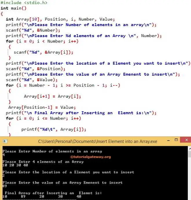 C program to insert an element in an array using For Loop
