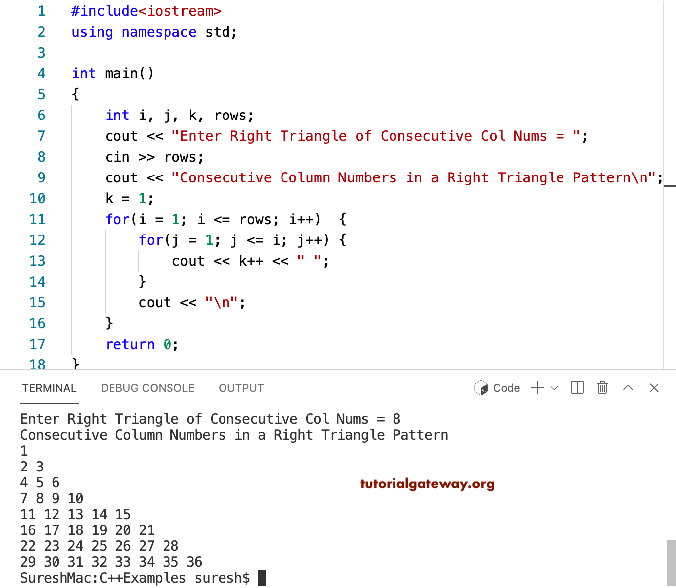 C++ Program to Print Consecutive Column Numbers in Right Triangle