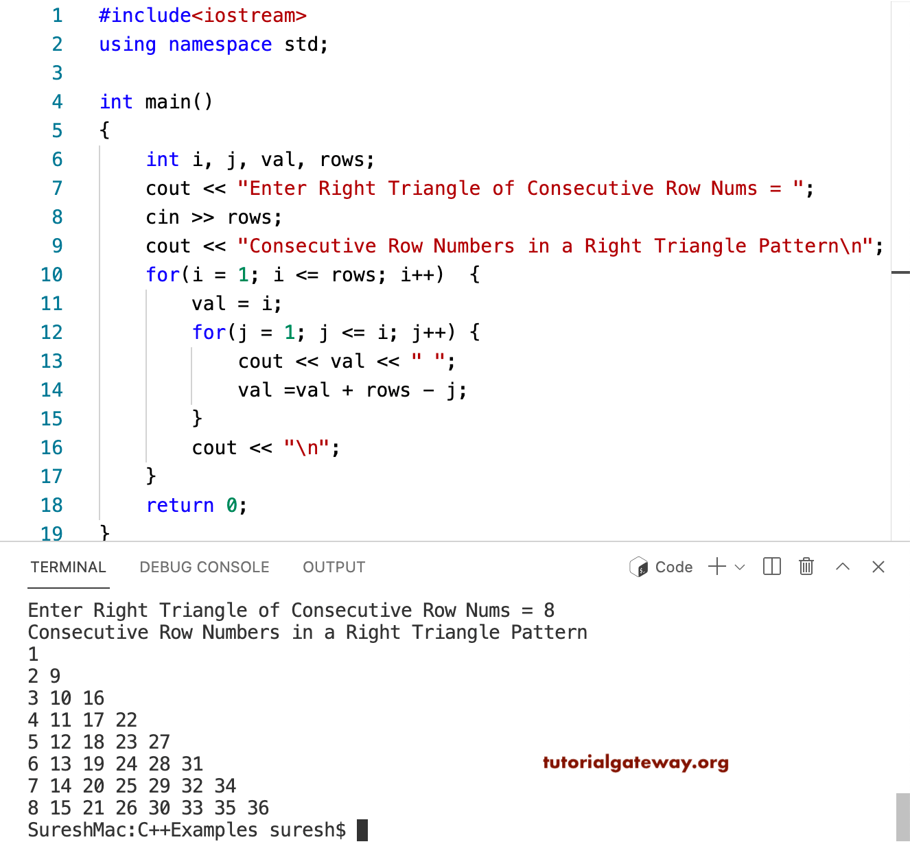 C++ Program to Print Consecutive Rows Numbers in Right Triangle