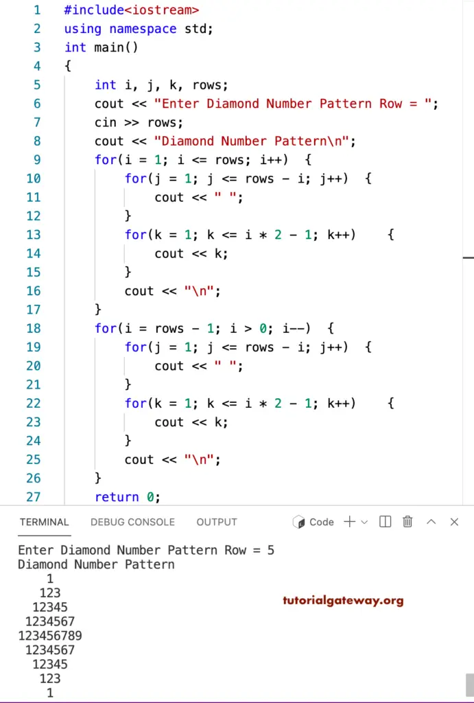 C++ Program to Print Diamond Number Pattern