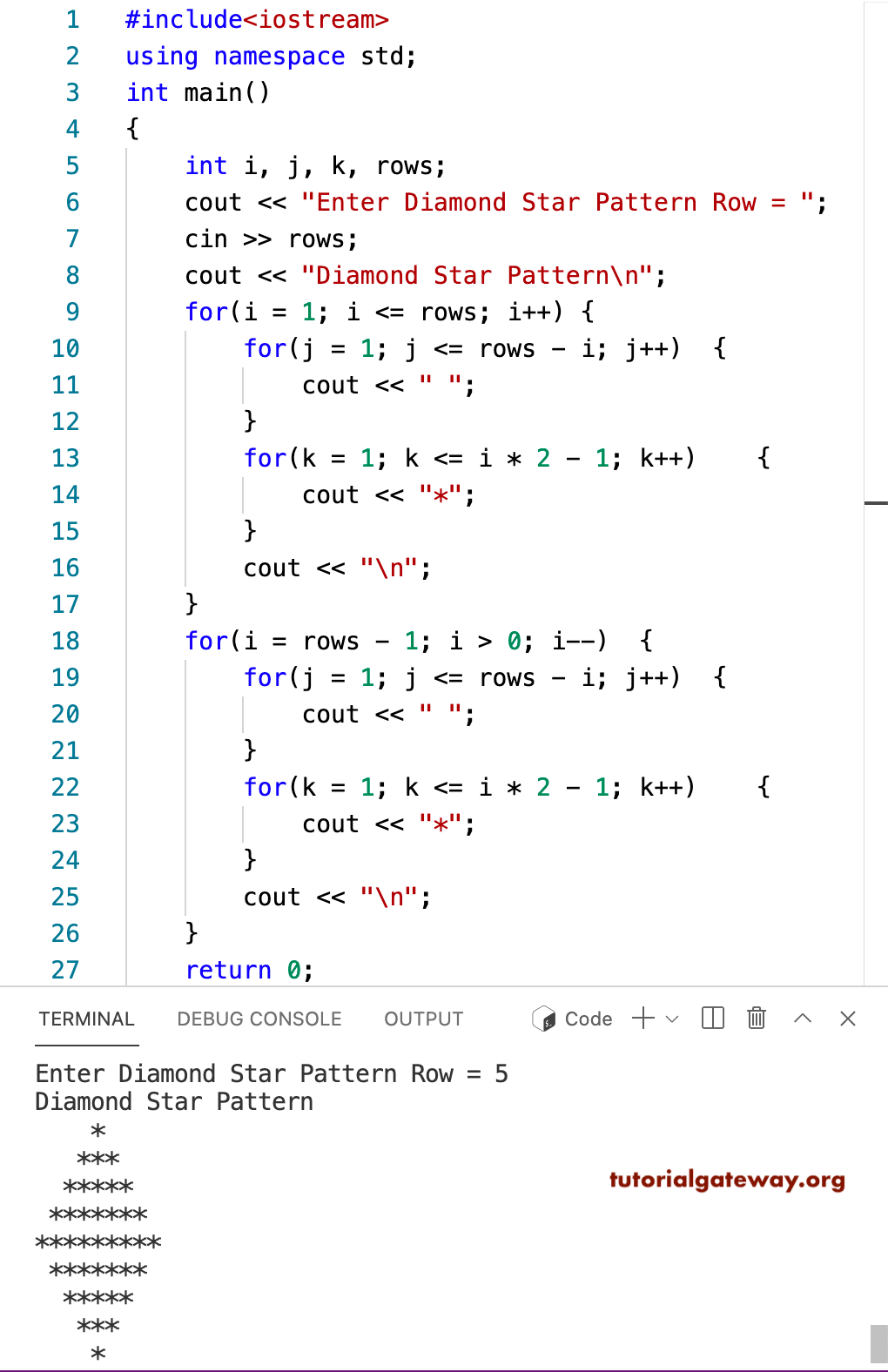 C++ Program to Print Diamond Star Pattern